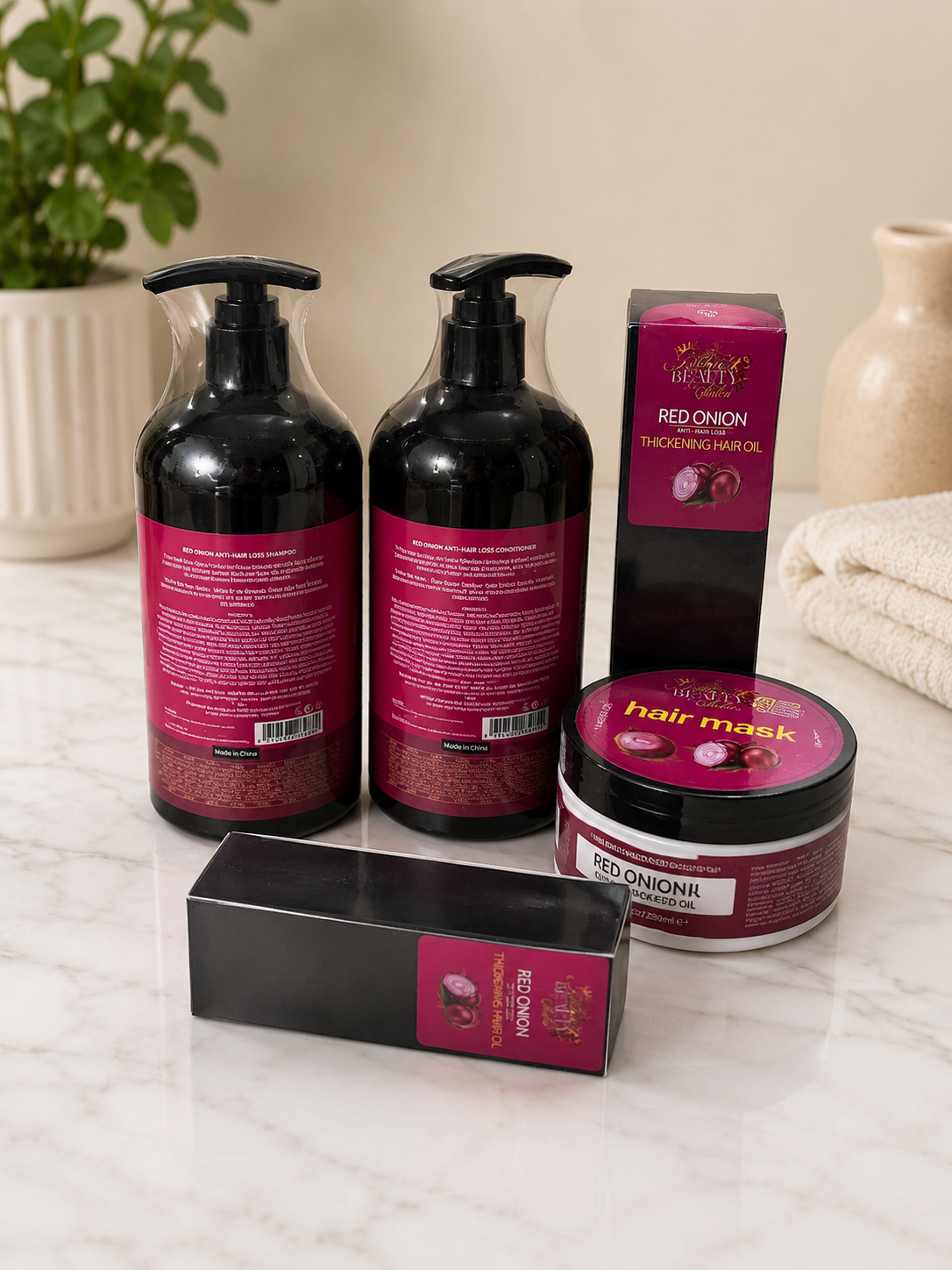 Red Onion Hair Care Set β Shampoo, Conditioner, Hair Mask & Thickening Hair Oil for Hair Growth