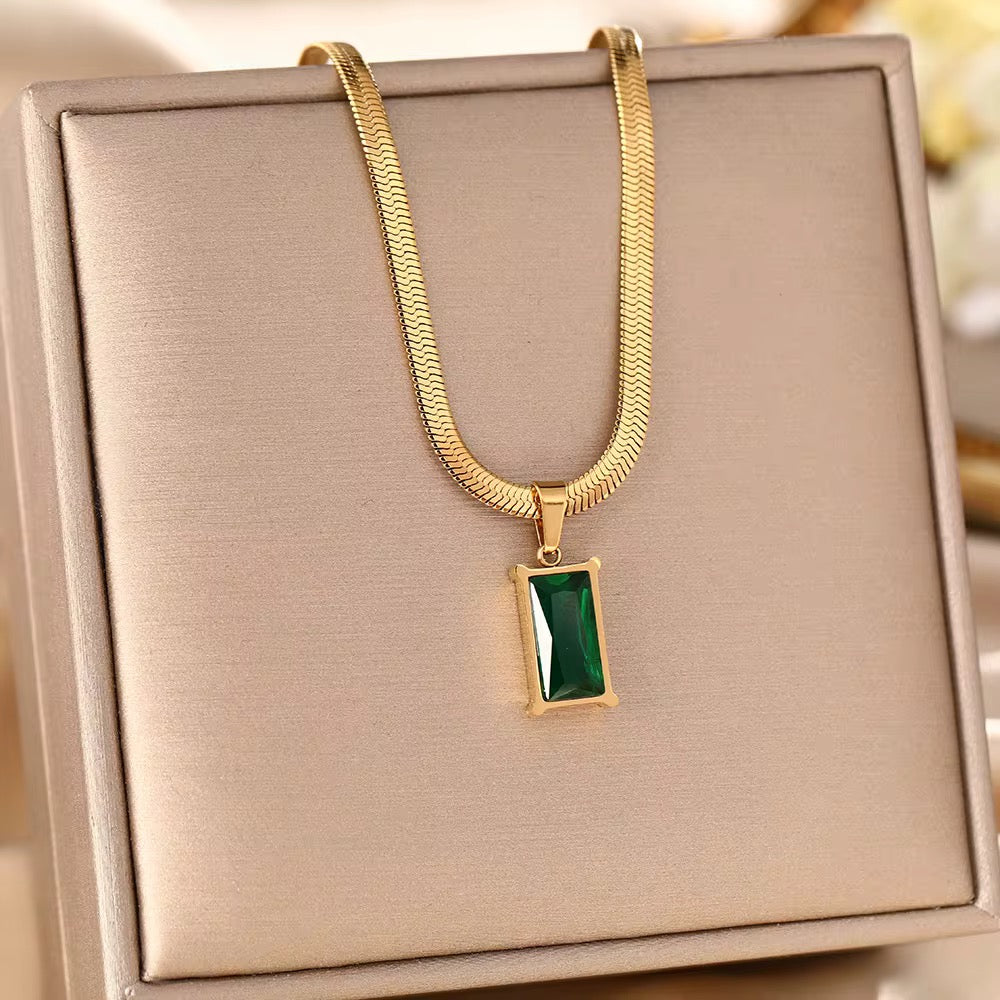 Luxury 18K Gold Plated Stainless Steel Green Crystal Necklace for Women