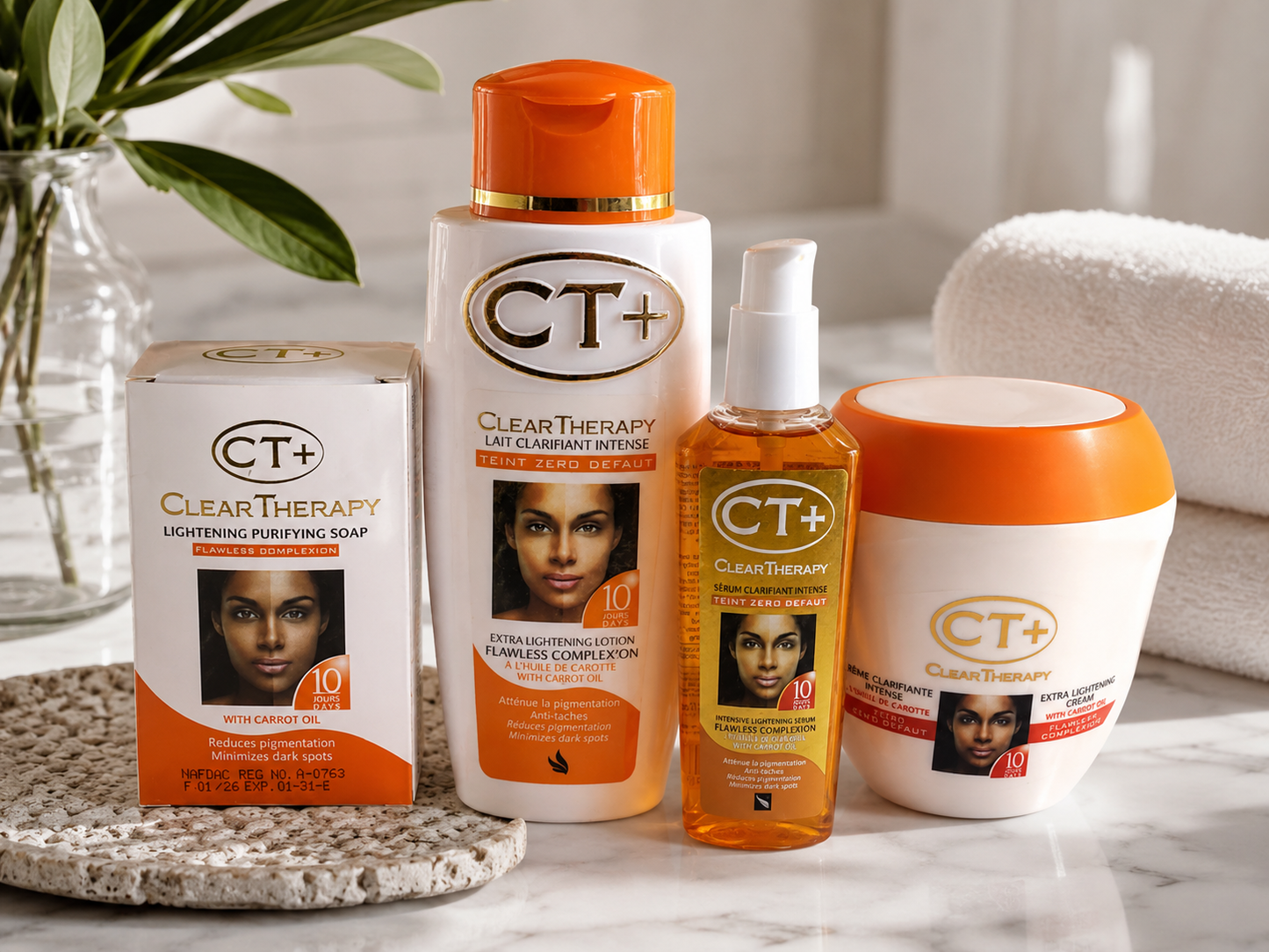 CT+ Clear Therapy Extra Lightening Skincare Set – Soap, Lotion, Serum & Cream with Carrot Oi