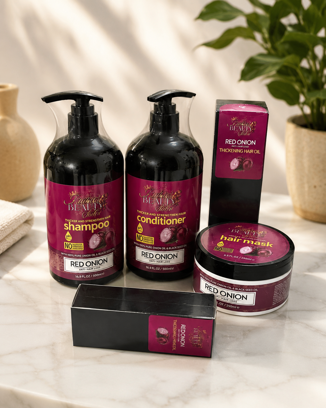 Red Onion Hair Care Set – Shampoo, Conditioner, Hair Mask & Thickening Hair Oil for Hair Growth