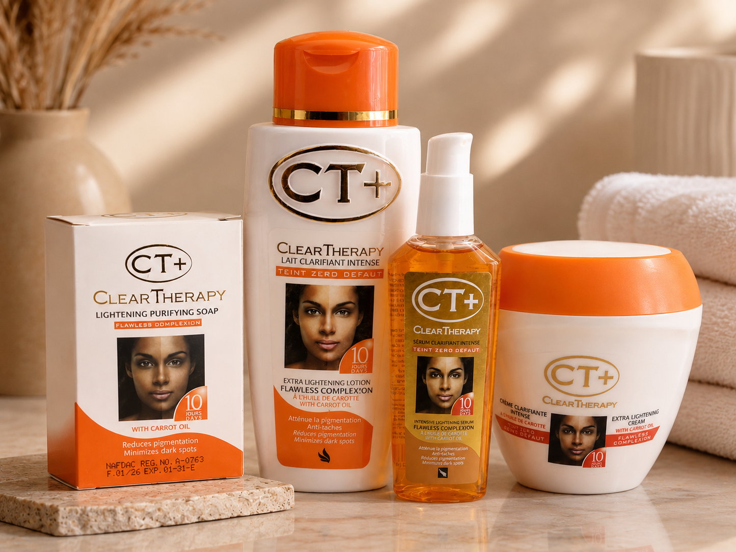 CT+ Clear Therapy Extra Lightening Skincare Set – Soap, Lotion, Serum & Cream with Carrot Oi