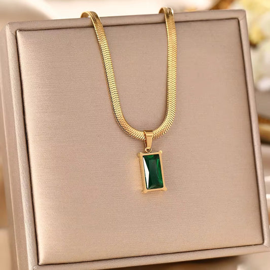 Luxury 18K Gold Plated Stainless Steel Green Crystal Necklace for Women