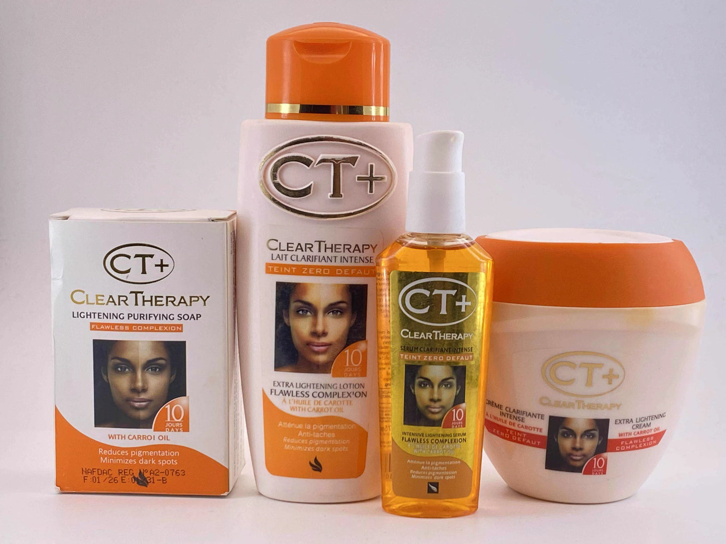 CT+ Clear Therapy Extra Lightening Skincare Set – Soap, Lotion, Serum & Cream with Carrot Oi